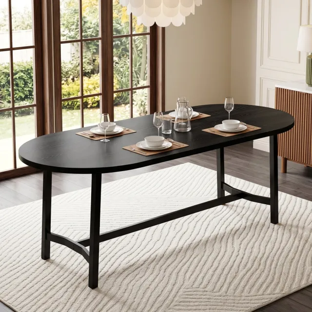 WUVRIE Eettafel 180x80x75 cm - Ronde hoeken en ijzeren poten - Zwart