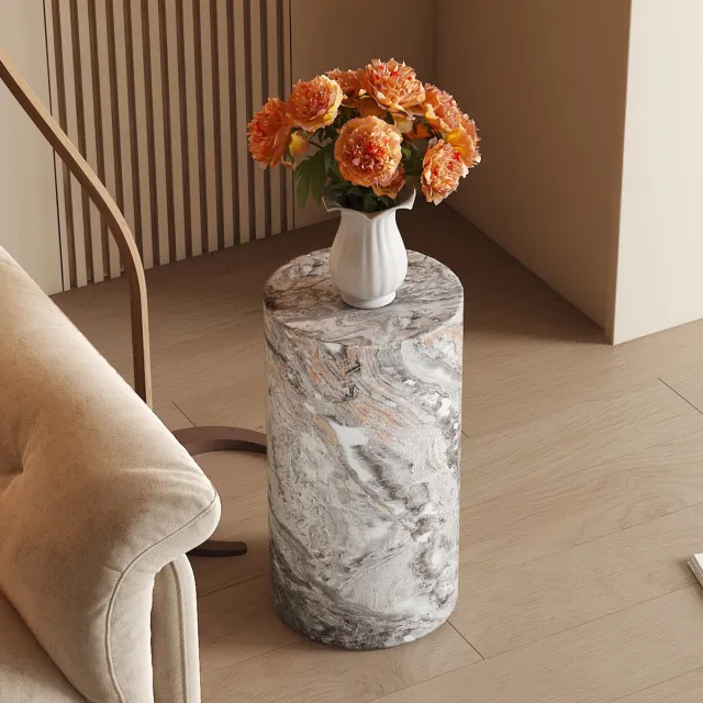 OKWISH Bijzettafel Rond - Marmerlook Tafelblad - Voor Woonkamer/Sofa/Leeshoek - MDF Grijs - Ø30×55 Cm - Antislip Voetjes