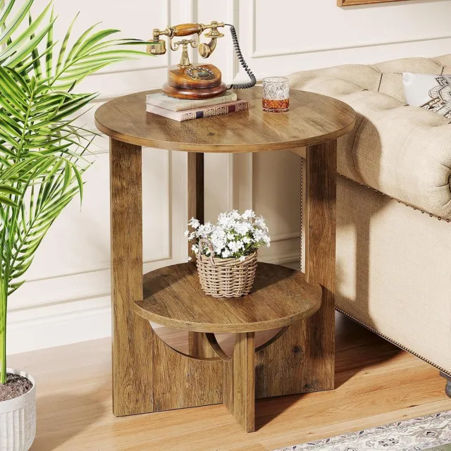 Tribesigns Ronde Bijzettafel - 50×50×65cm - Twee Lagen Bankbijzettafel met Opbergruimte - Bruin - voor Woonkamer, Slaapkamer en Bank