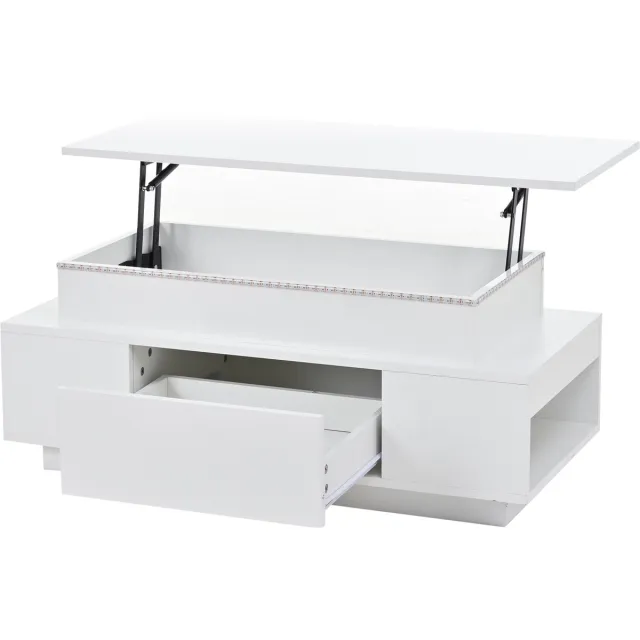 Ropilly Salontafel - Koffietafel - In hoogte verstelbaar met lift - Verborgen opbergruimte en lade - LED verlichting - Woonkamer en kantoor - 96x45x40cm - Wit