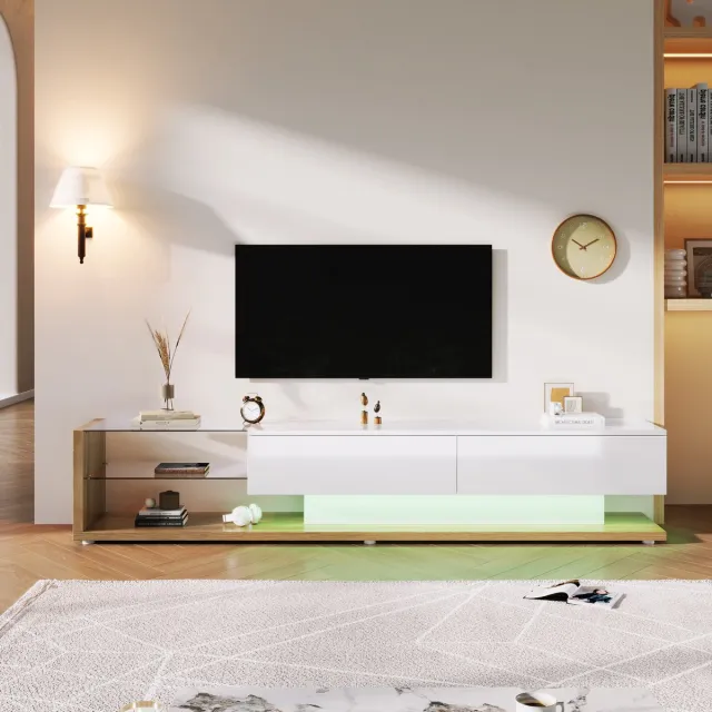 STILVORA TV-Meubel - Hoogglans Wit Met Houtlook En Instelbare LED - 2 Lades En Glasplanken - Spaanplaat - 170x36x38 cm - Wit