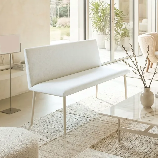 DESMIU Eetbank – Zonder Armleuningen – 120 x 61,5 x 85 cm – Polyester en Metaal – Beige – Met Gestoffeerde Rugleuning – Voor Eetkamer