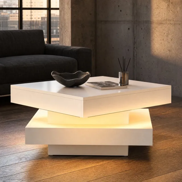 MEUNIQ Vierkante salontafel 70 x 70 x 36 cm met 360° draaibaar hoogglans blad, appgestuurde LED-verlichting en USB-voeding, wit voor woonkamer