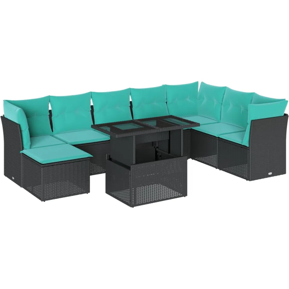vidaXL 9-delige tuinbankset met kussens van zwart polyrotan, foto 3