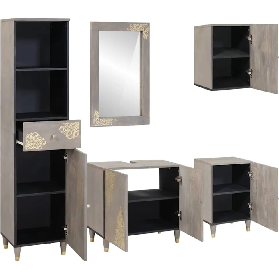 vidaXL Badkamerkastenset 5 st Grijs 62 x 33 x 58 cm Massief Mango Hout, foto 2