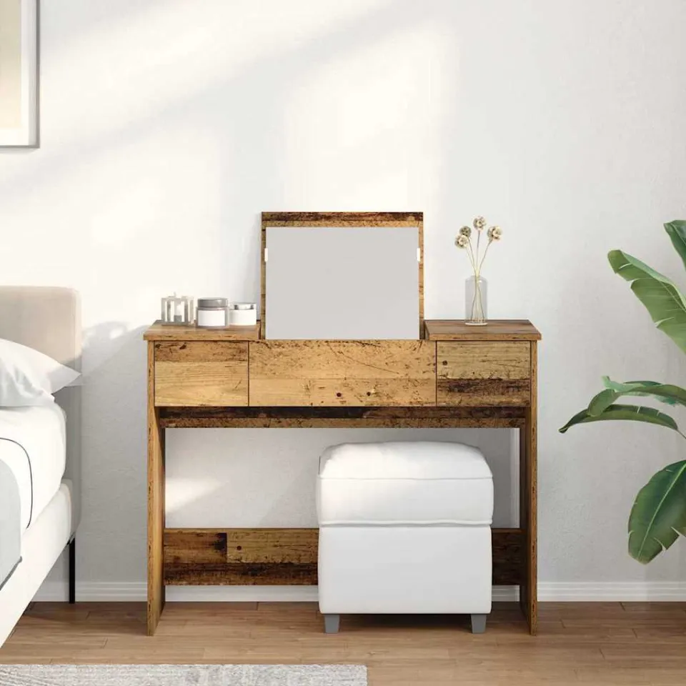 vidaXL Cosmetische Tafel met lade met opslag Oudhout 100 x 45 x 76 cm bruin, foto 4