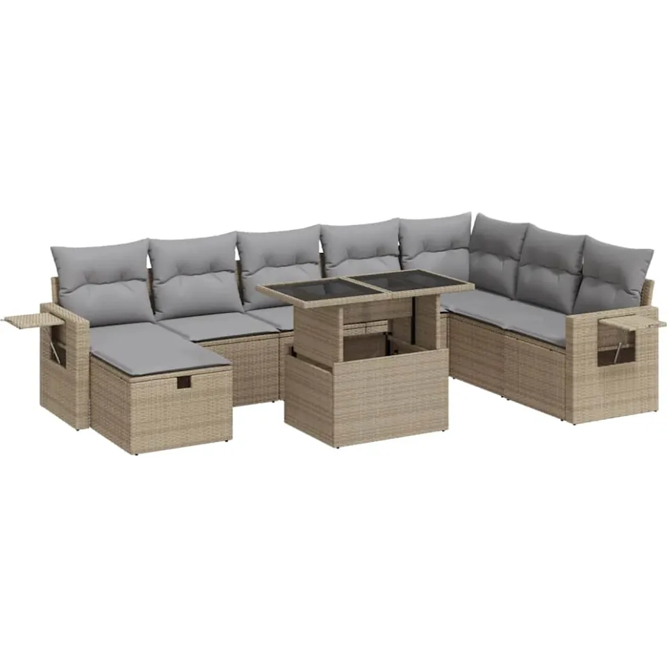 vidaXL 9-delige Loungeset met kussens poly rattan beige, foto 3