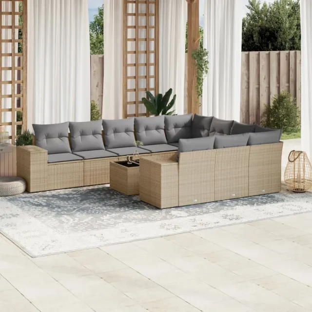 vidaXL 11-delige Tuinset met kussens poly rattan beige, foto 2
