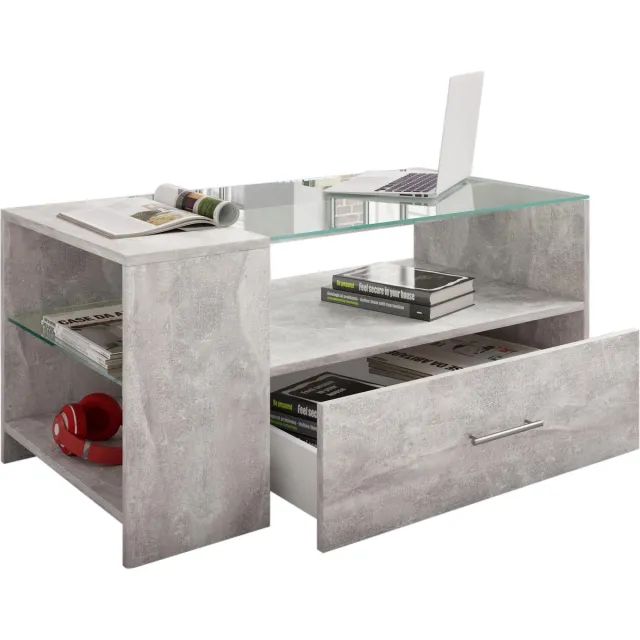 Vcm Tindala salontafel met glazen blad, 1 lade, 3 plankenBetonlook.