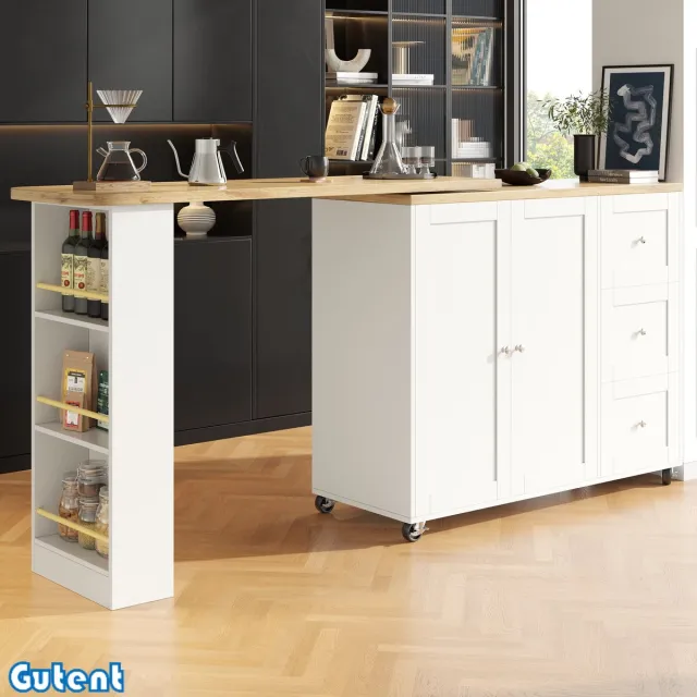 Gutent Eettafel - 360° draaibare hoge tafel - op wielen - met drie laden - Met Snackhouder - Wit