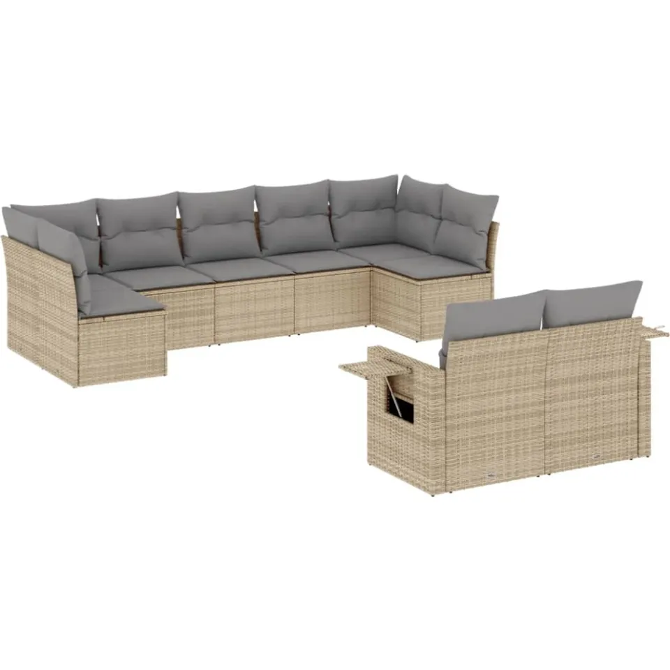 vidaXL 9-delige Loungeset met kussens poly rattan beige, foto 3