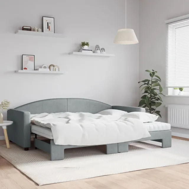 vidaXL Slaapbank onderschuifbed en matrassen 90x200 cm stof lichtgrijs