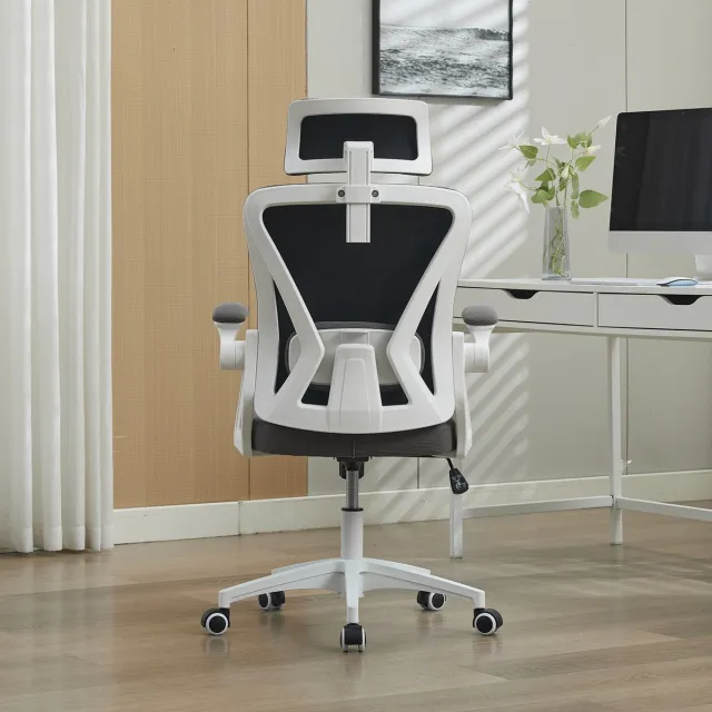 DESMIU Bureaustoel 65 x 58 x 128 cm - Ergonomisch Met Netrug, Hoofdsteun En Verstelbare Armleuningen - Voor Thuis En Kantoor - Mesh Grijs