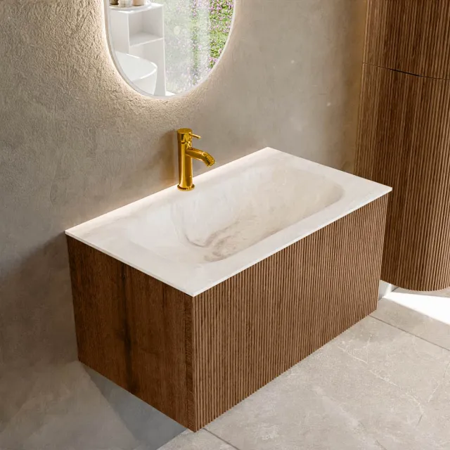 Mondiaz KURVE-DLUX 80 cm Onderkast Greeploos 1 Lade Zonder Deuren Walnut, Wastafel Solid Surface Volledig Frappe 1 Kraangat Zonder Spiegel (KRVBGS801L0D1KM-Wal/Fra)