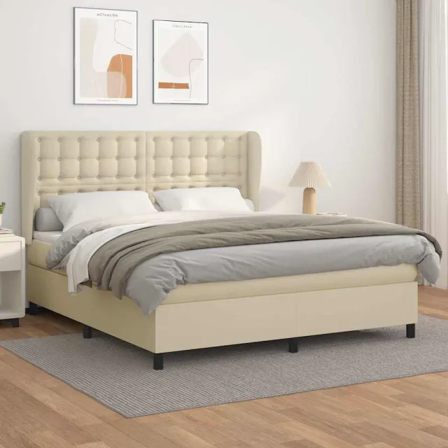 vidaXL Boxspring met matras kunstleer crèmekleurig 160x200 cm