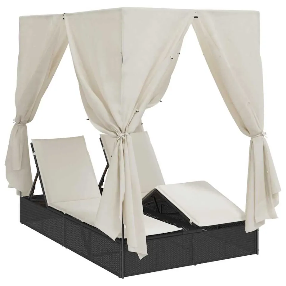 vidaXL Dubbele ligbed Warmwit poly rattan zwart, foto 3