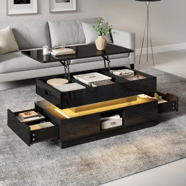 COVREO Salontafel 90 x 48 x 42,5 cm - hoogglans, verstelbaar, met lades, LED, zwart