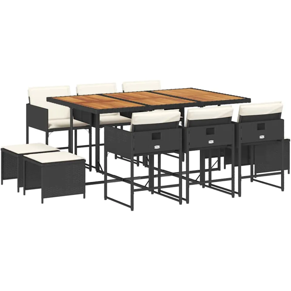 vidaXL 11-delige Tuinset met kussens poly rattan zwart