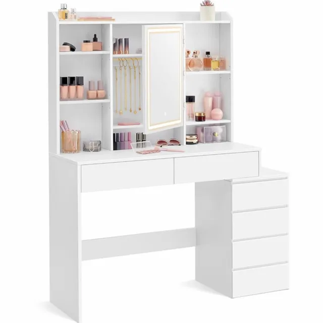 Sierra , KAILYN Collectie - Kaptafel met LED-verlichting, 40 x 118,3 x 145 cm, make-uptafel met spiegel, cosmeticatafel met lades, verstelbare planken, modern, wolkenwit RDT624WB01 wolkenwit.