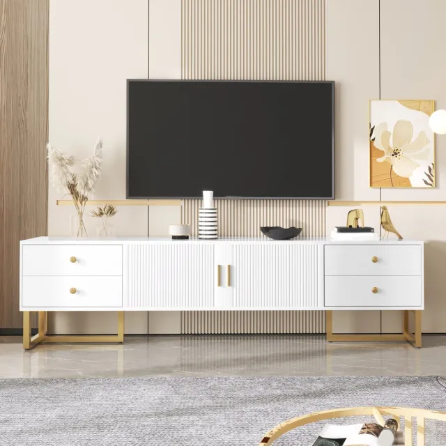 MUVANO Tv Meubel Wit 175 cm - Tv Kast Met Gouden Poten - Laag Tv Dressoir MDF - Voor 70 Inch Tv - 175x30x46cm - Opbergruimte - Woonkamer Wit