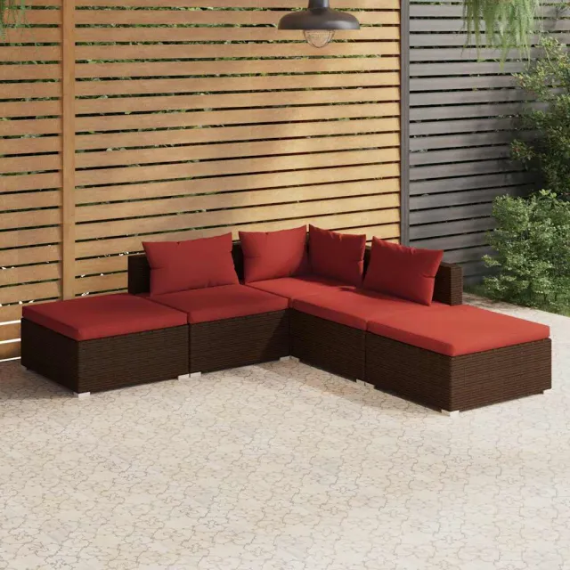 vidaXL 5-delige Loungeset met kussens poly rattan bruin, foto 2