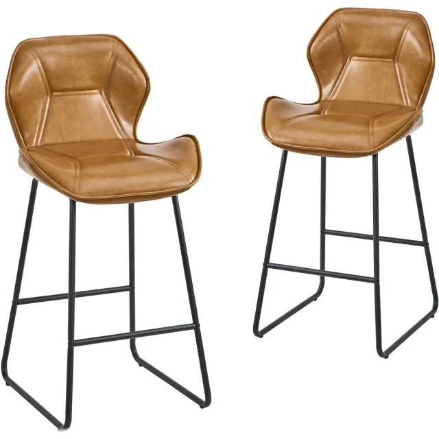 in& out door furniture 2-delige set barkrukken van kunstleder, moderne barstoelen met rugleuning, metalen frame en voetsteun, voor keuken, bartafel, thuisbar en eetgedeelte, cognacbruin