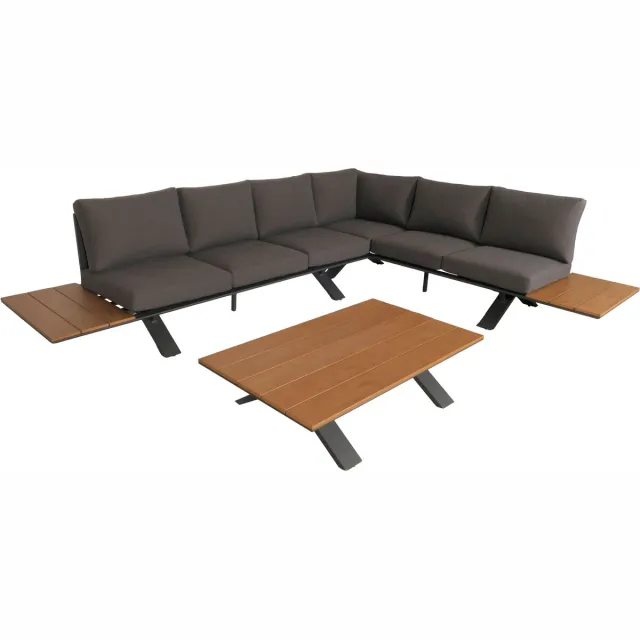 MCW Aluminium tuinset MCW-M62, zitgroep tuin-/loungeset bank, houtlook ~ frame antraciet, bekleding donkergrijs