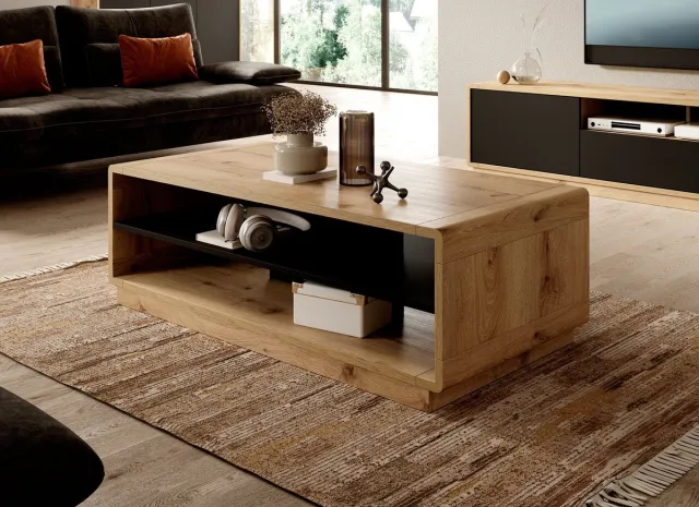 MEUBELLA Salontafel Acuna - Mat zwart - Eiken - 120 cm Bruin|Zwart