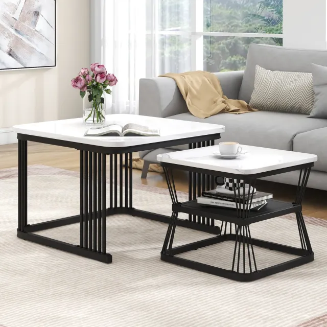 Lemlit set van 2 moderne bijzettafels - marmerlook - stalen buis zwart - hoogglans wit - 2 tafels met afmetingen van 65x65x45 cm en 45x45x39.5 cm wit en zwart
