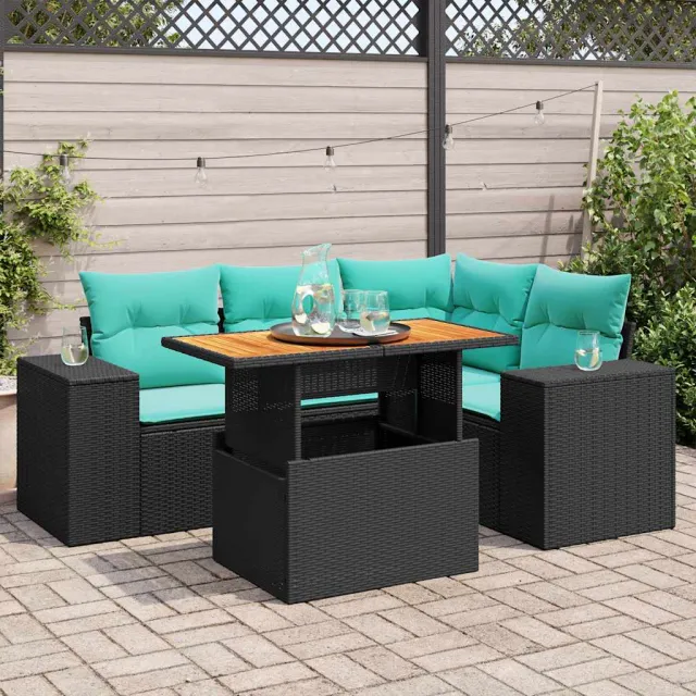vidaXL 5-delige Loungeset met kussens poly rattan zwart, foto 2
