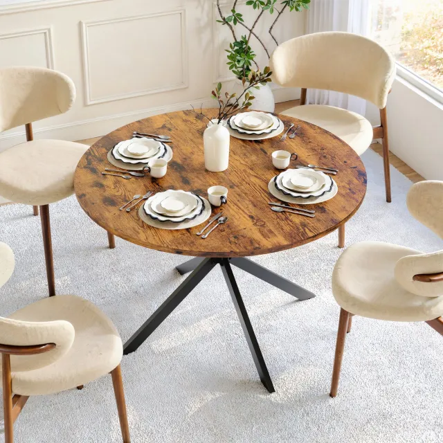 WUVRIE Ronde eettafel Ø120 cm - X-onderstel met verstelbare voeten - Vintagebruin/zwart