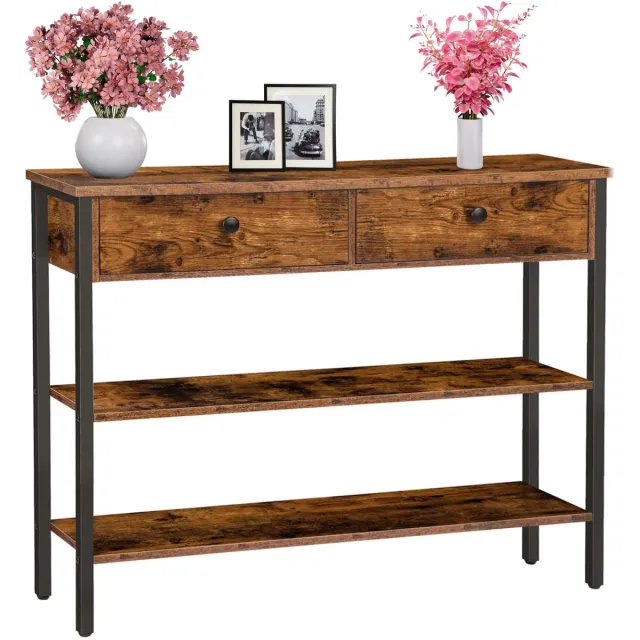 Signature Home Console - consoletafel - Haltafel met 2 lades - bijzettafel met 2 niveaus - banktafel met stabiel frame - industriële stijl - rustiek bruin - 100cm bruin - zwart