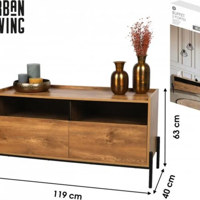 Urban Living "HELIO" BUFFET 2 DEUREN EN POTEN IN ZWART METAAL 119X40XH63CM hout