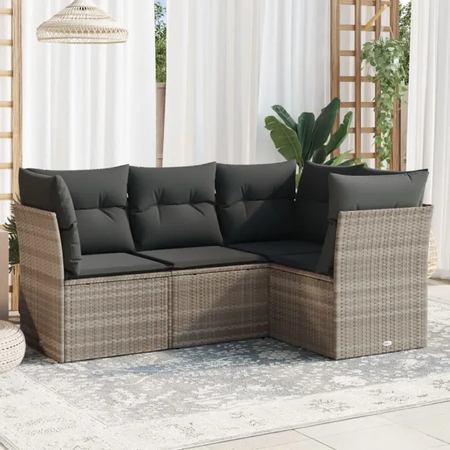 vidaXL 4-delige Loungeset met kussens poly rattan lichtgrijs grijs, foto 2