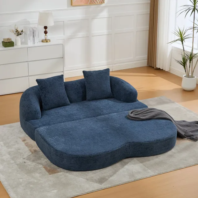 DESMIU Slaapbank - 2-Zits Uitklapbaar Bedbank Met 2 Kussens En Zachte Chenille Bekleding - Voor Woonkamer En Logeerkamer - Chenille - Navy