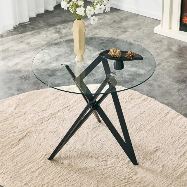 MODENUIT Salontafel - Ronde Glasplaat Met Geometrisch Onderstel - Woonkamer - Glas Metaal - Ø85 Cm - Zwart