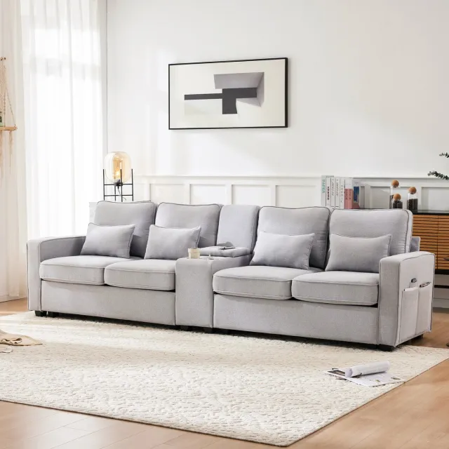 HAUSS SPOLE Hoekbanken - L-vormige Bank Met 4 Kussens En Zijzakken - Linnen - 290x83x88 cm - Lichtgrijs