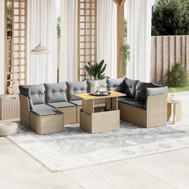 vidaXL 9-delige Loungeset met kussens poly rattan beige, foto 2
