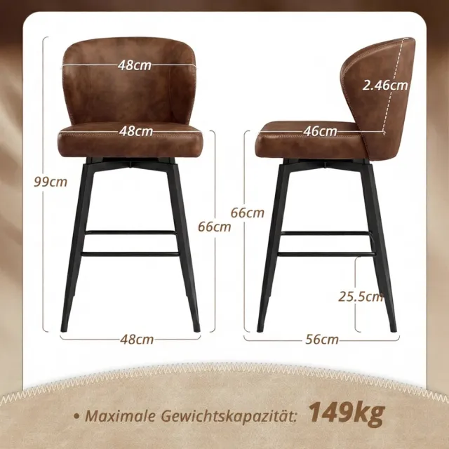 GARDEN HOUSE GARAGE Barkrukken Set van 2 – House&Garden Valencia Draaibare Barstoelen met Rugleuning – 66 cm Zithoogte – Kunstleer Bruin – Metaal Frame – Mid-Century Design