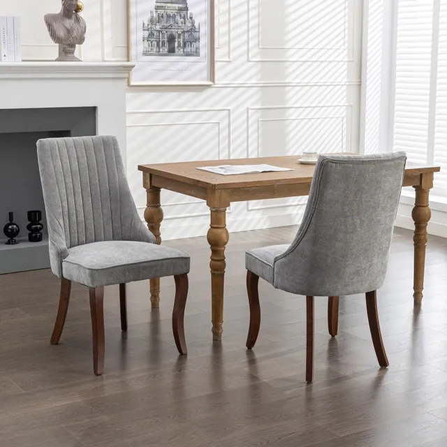 KOMHTOM BLACKCOLORS Eetkamerstoelen van flocked rayon, Channel-keukenstoelen, comfortabele bijzetstoelen van gestoffeerde stof voor de eetkamer met gebogen massief houten poten, set van 2 (grijs), DE1847GY