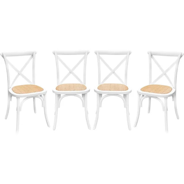 sweeek Set van 4 vintage rubberhouten bistrostoelen, zitting van rotan, stapelbaar - belleville Wit