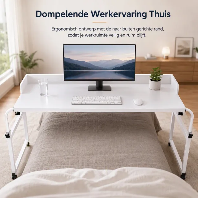 Lemlit Verstelbare Bedtafel op Wielen - Laptoptafel voor Bed, Overbedtafel met Rand, Hoogte Verstelbaar 65-95 cm, 140x50 cm, Voor Bedden tot 220 cm - IJs Wit