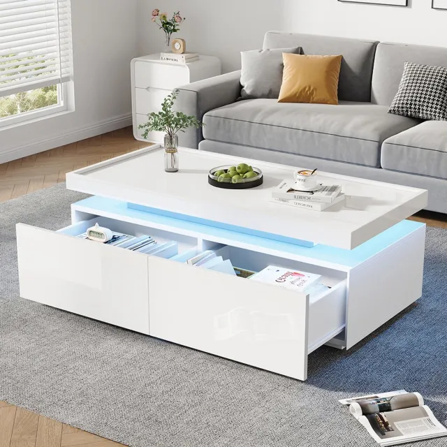 KOMHTOM Salontafel 95*45*35 cm, salontafel met LED, salontafel met 2 lades, glanzende salontafel, moderne minimalistische tafel, bijzettafel met geometrisch ontwerp, wit