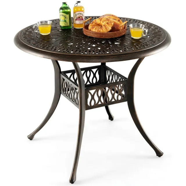 Costway Tuintafel met paraplugat, ronde balkontafel van gegoten aluminium, weerbestendige terrastafel voor tuin, antieke look, 90 x 90 x 74 cm
