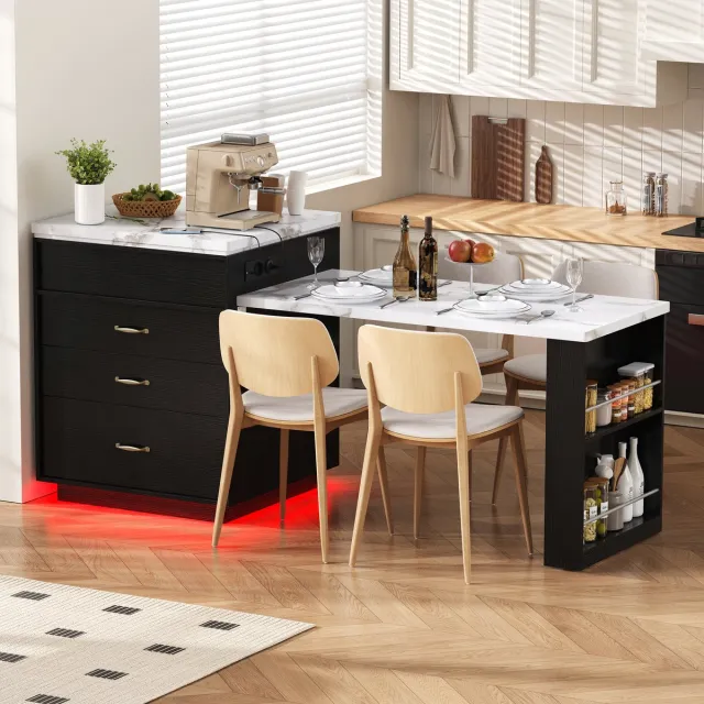 KOMHTOM Keukeneiland en Keukentafel - Uitschuifbare Eettafel met Wieltjes - Voorzien van LED-verlichting en Stekkerdozen - Te gebruiken als Aanrecht, Dressoir of Bartafel - Voor Keuken en Eetkamer (Zwart)