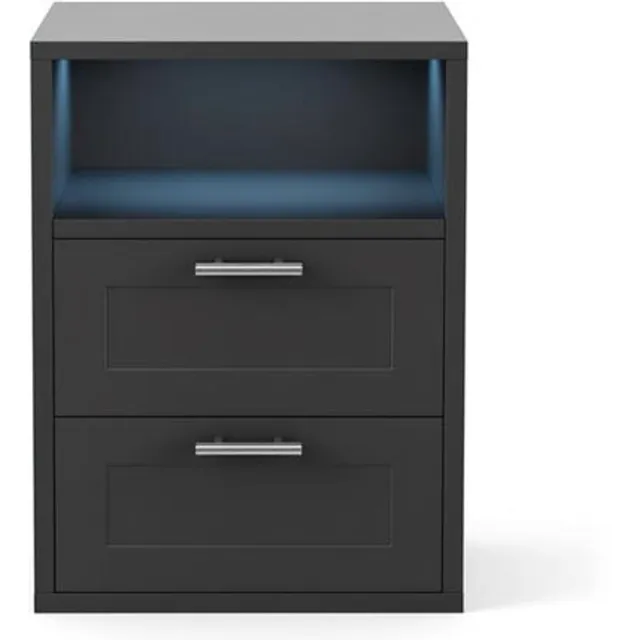J.T.R Nachtkastje met USB-oplaadfunctie- LED-verlichting, Zwart-2 lades.