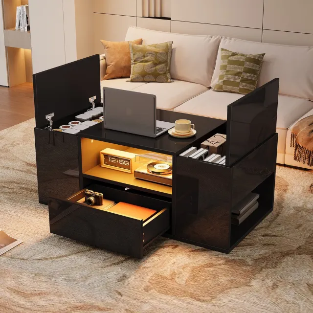 COVREO Salontafel 100x50x40 cm – zwart, hoogglans, met 1 lade, 2 opbergvakken en LED-verlichting