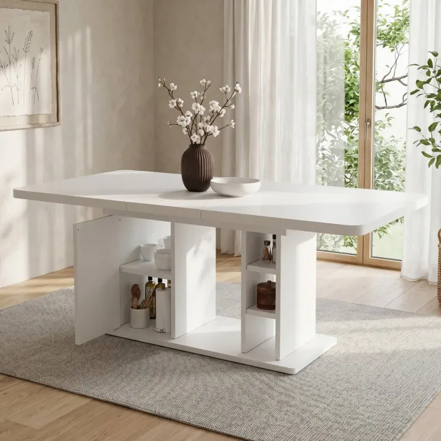 COVREO Eettafel 140/180x80x75 cm wit MDF met opbergruimte voor 6 tot 8 personen