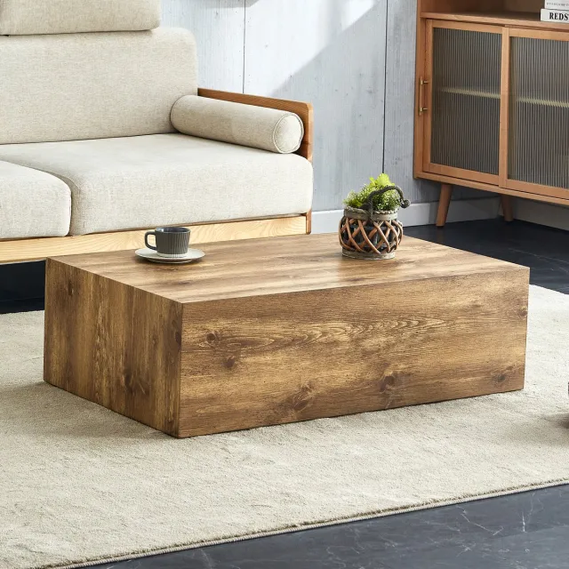 intebiki Rechthoekige salontafel met houtnerfafwerking. Afmetingen: 90 × 50 × 30 cm, gemaakt van MDF, geen montage nodig. Antislipvoetjes aan de onderkant, geschikt voor een moderne, luxe stijl.