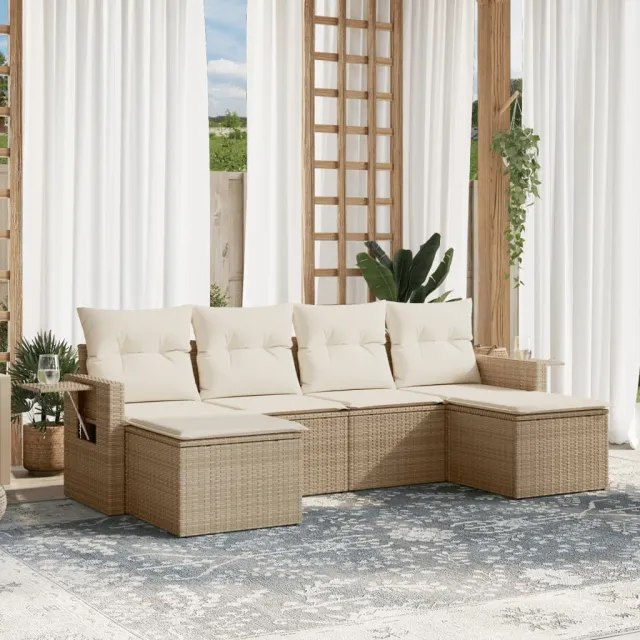 vidaXL 6-delige Loungeset met kussens poly rattan beige, foto 2